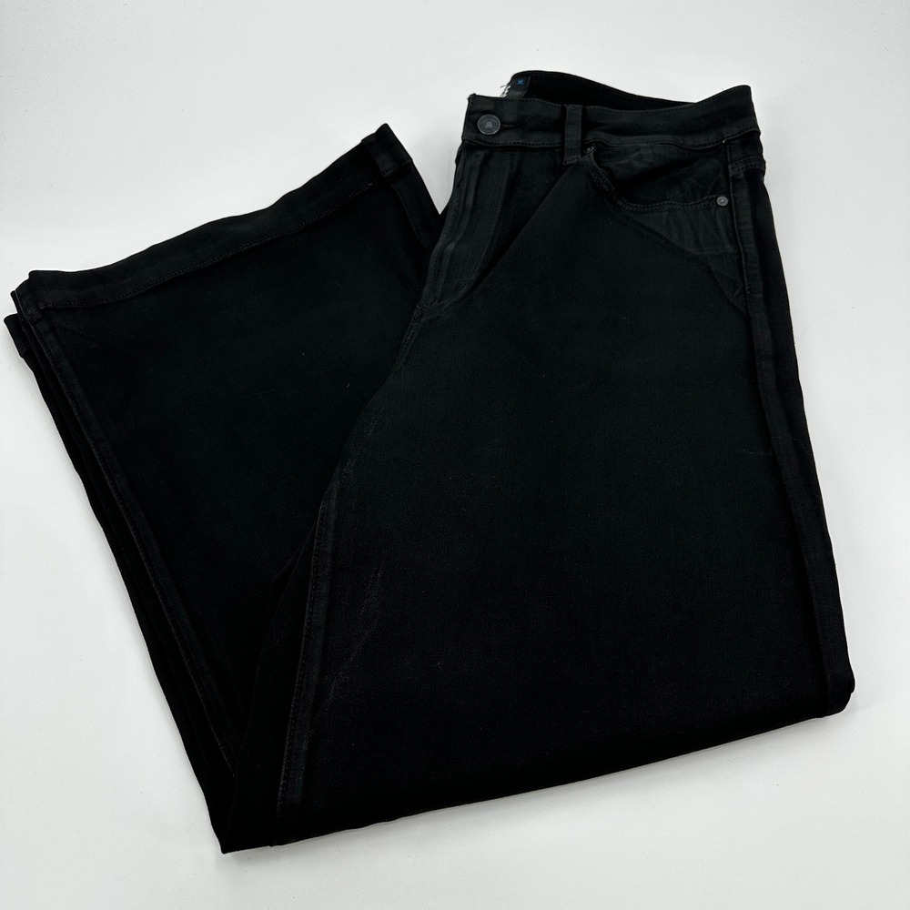 PAIGE Anessa‎ Wax Coated Black High Rise Wide Leg Cropped Jeans Womens 31 Sleek